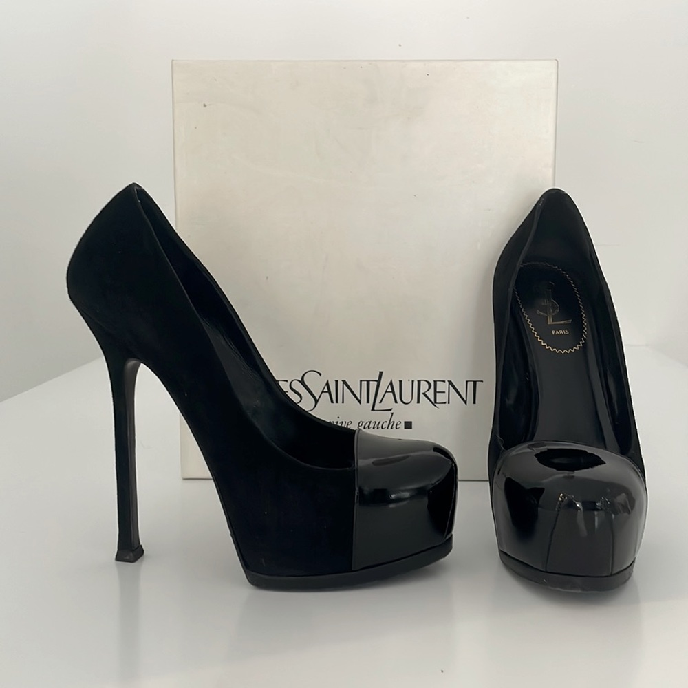 Yves Saint Laurent black suede cap toe pumps